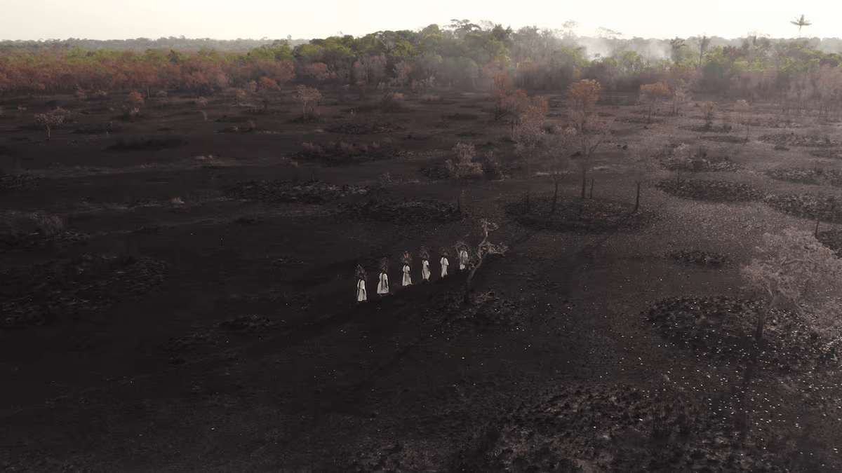 Macheteros caminan a través de un área incendiada de la Amazonía bolivariana en Riberalta, (Bolivia).